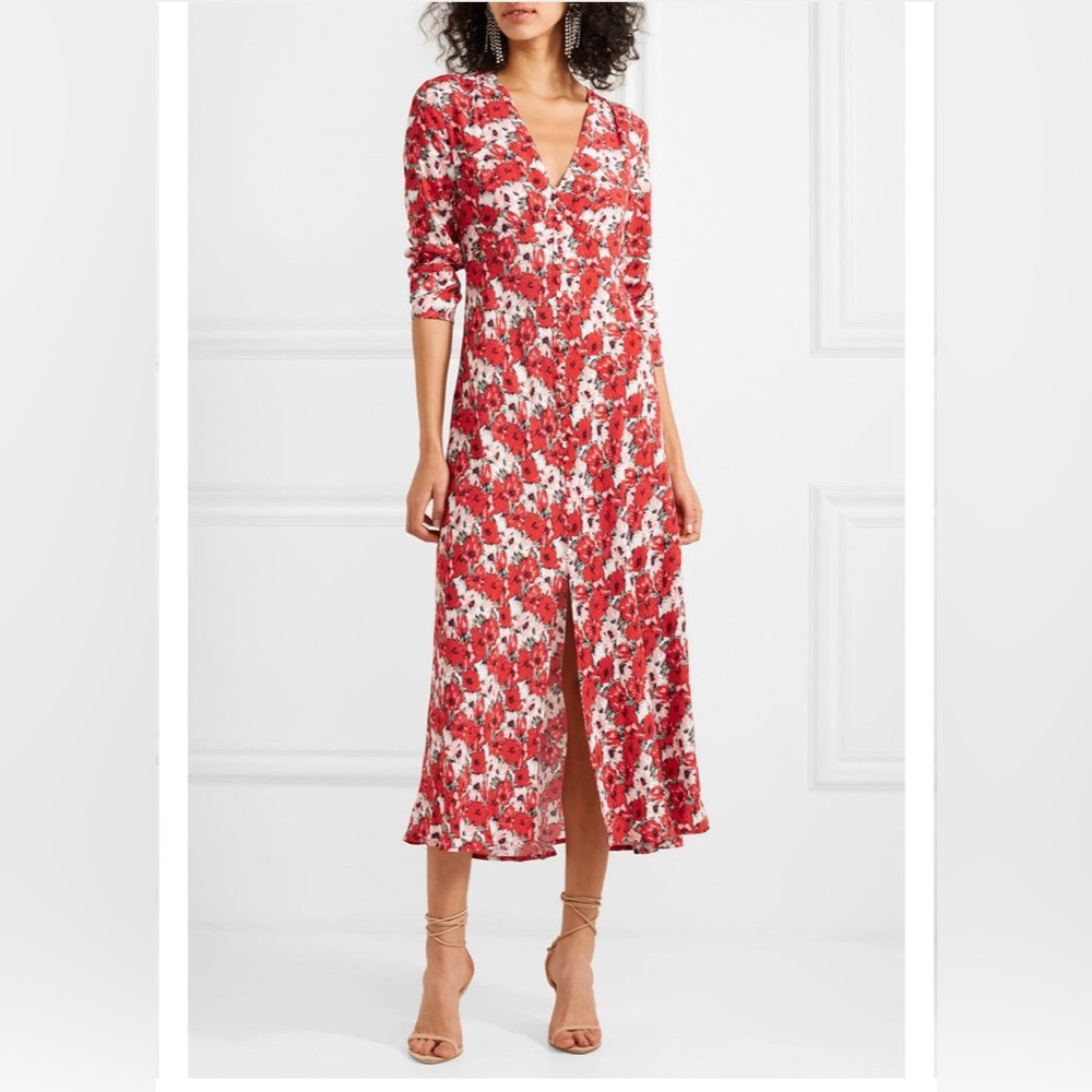 RIXO London Floral Red V-Neck Midi Dress